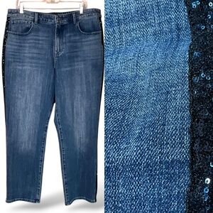 TALBOTS Cotton High Rise Straight Ankle Jean Lace Sequin Tuxedo Stripe US Sz 16